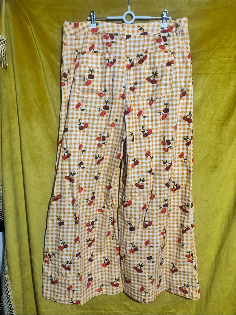 Farm Rio x Anthropologie Yellow Gingham Wide-Leg Pants with Cherry Print NWT XL - Picture 7 of 7